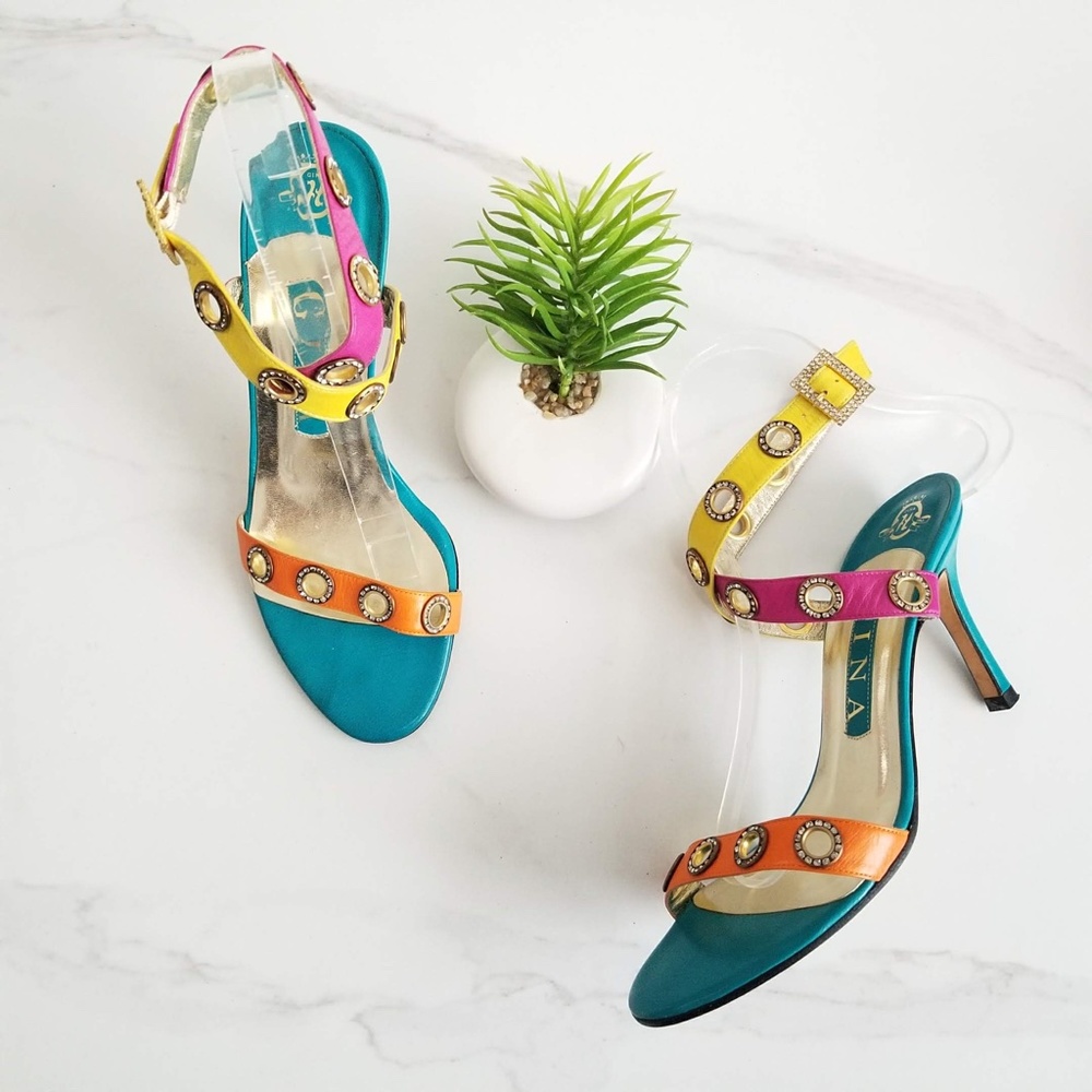 Gina Made in England Colorblock Sandals Heels Studded Buckle Strap Shoes Women's